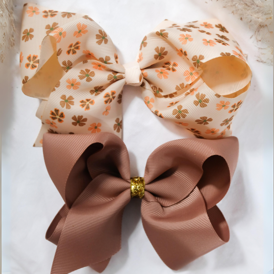 Set of 2 -  Floral Grosgrain Hair Bow in Cream Florals & Copper
