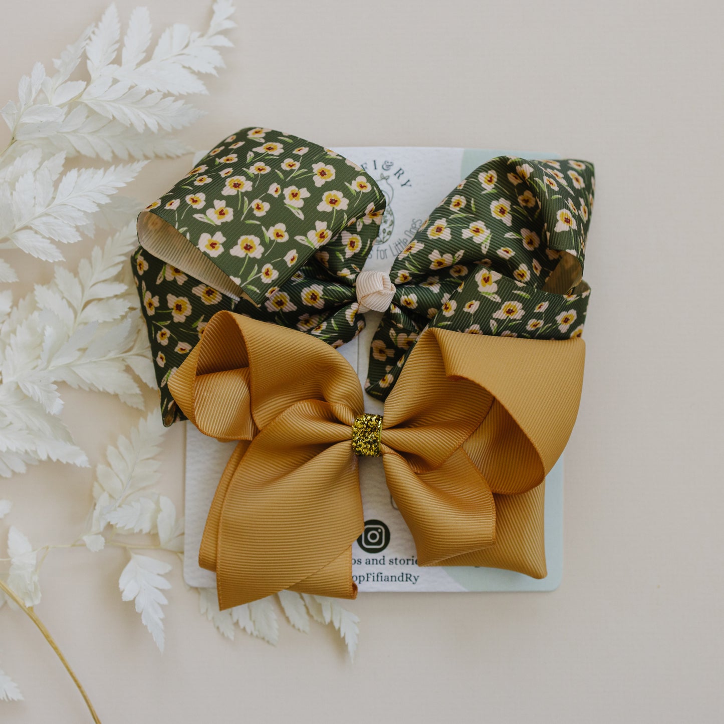 6" Grosgrain Hair Bows for Girls - No Slip - Pack of 2 - Floral Green & Old Gold