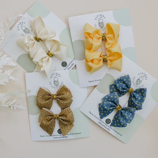 3" Hair Bows for Girls - No Slip Clip - 8 Pack Doubles in Blue & Brown Florals