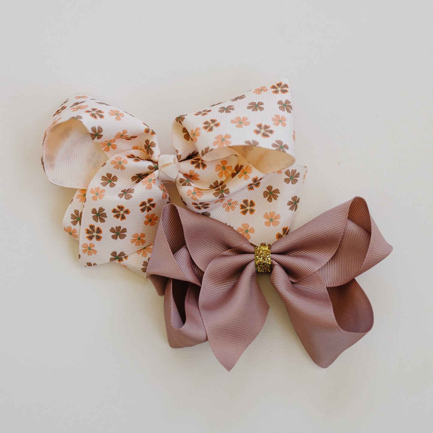 6" Grosgrain Hair Bows - No Slip - Pack of 2 - Cream Florals & Sparkly Mauve