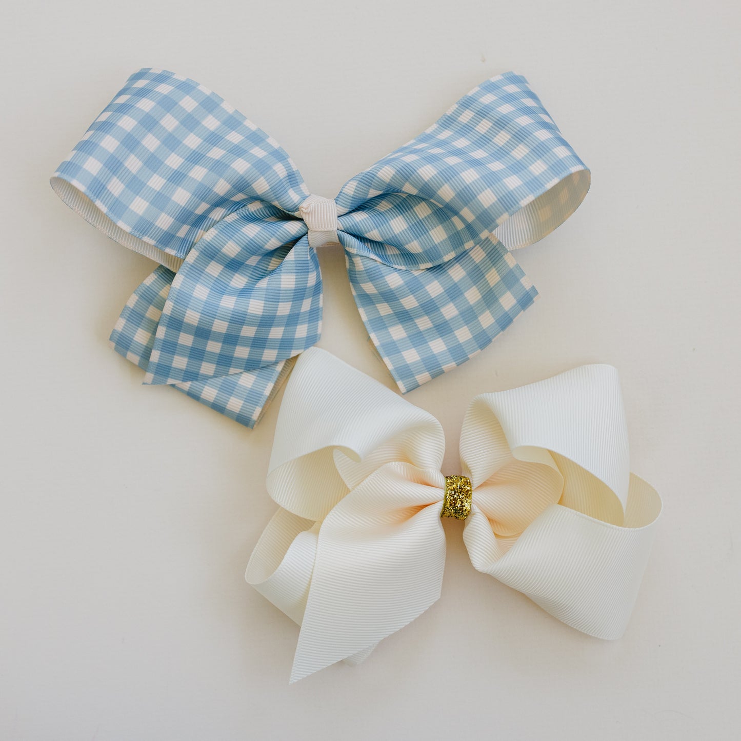 6" Grosgrain Hair Bows for Girls - No Slip - Pack of 2 - Blue Gingham & Sparkly Cream