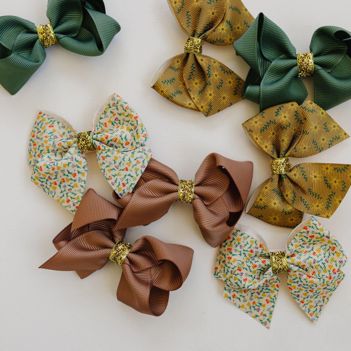 3" Hair Bows for Girls - No Slip Clip - 8 Pack Doubles in Cream & Mustard Florals