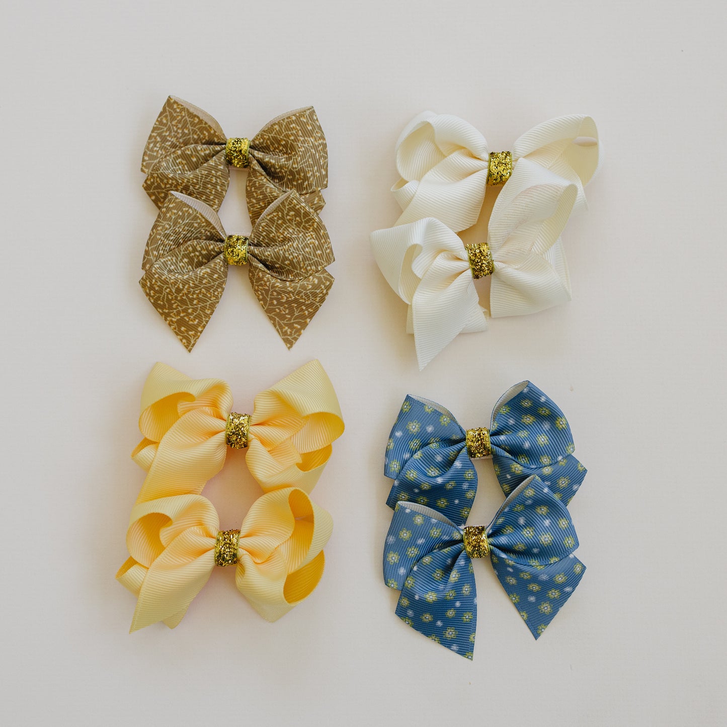 3" Hair Bows for Girls - No Slip Clip - 8 Pack Doubles in Blue & Brown Florals