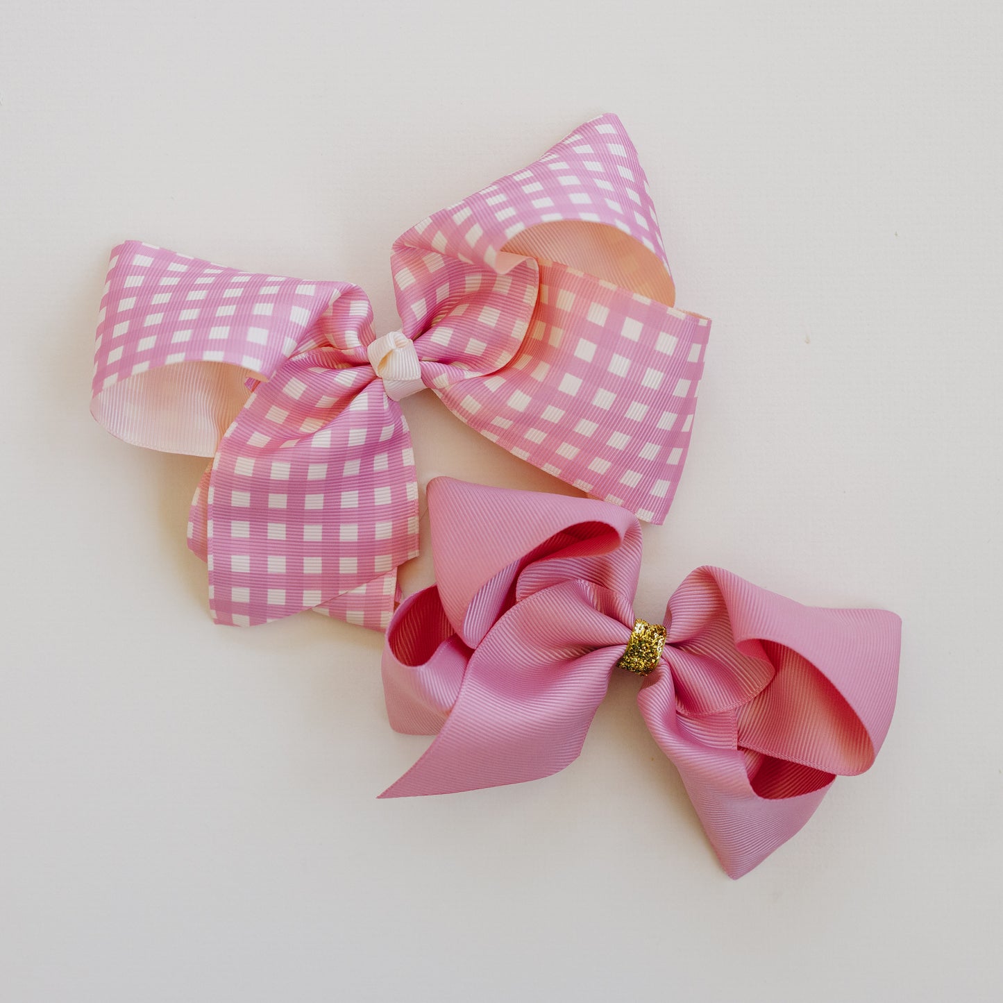 6" Grosgrain Hair Bows for Girls - No Slip - Pack of 2 - Pink Gingham & Sparkly Dusty Rose