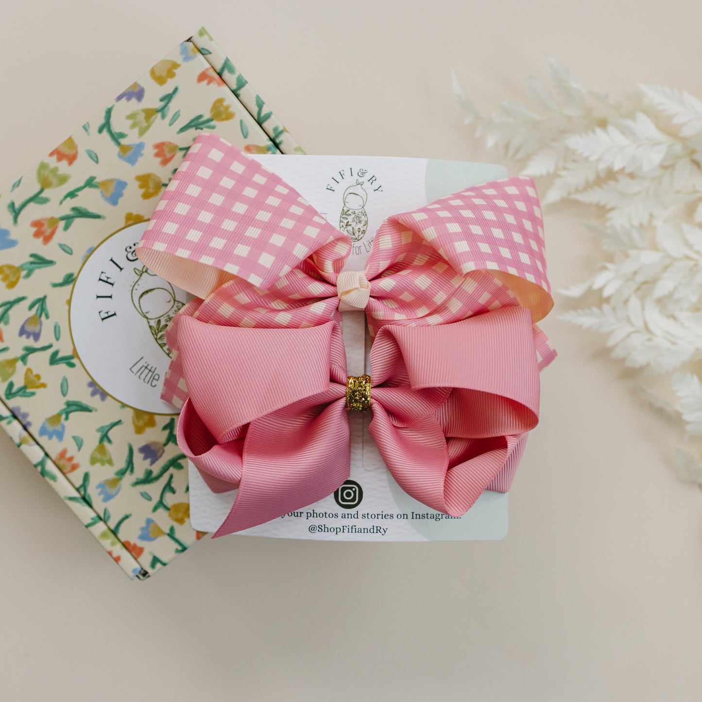 6" Grosgrain Hair Bows for Girls - No Slip - Pack of 2 - Pink Gingham & Sparkly Dusty Rose