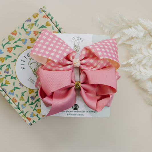 6" Grosgrain Hair Bows for Girls - No Slip - Pack of 2 - Pink Gingham & Sparkly Dusty Rose