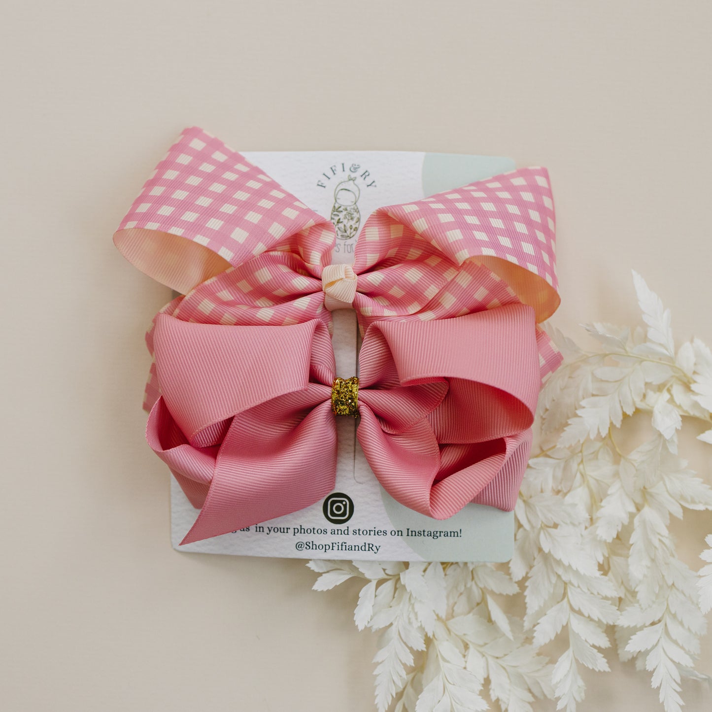 6" Grosgrain Hair Bows for Girls - No Slip - Pack of 2 - Pink Gingham & Sparkly Dusty Rose