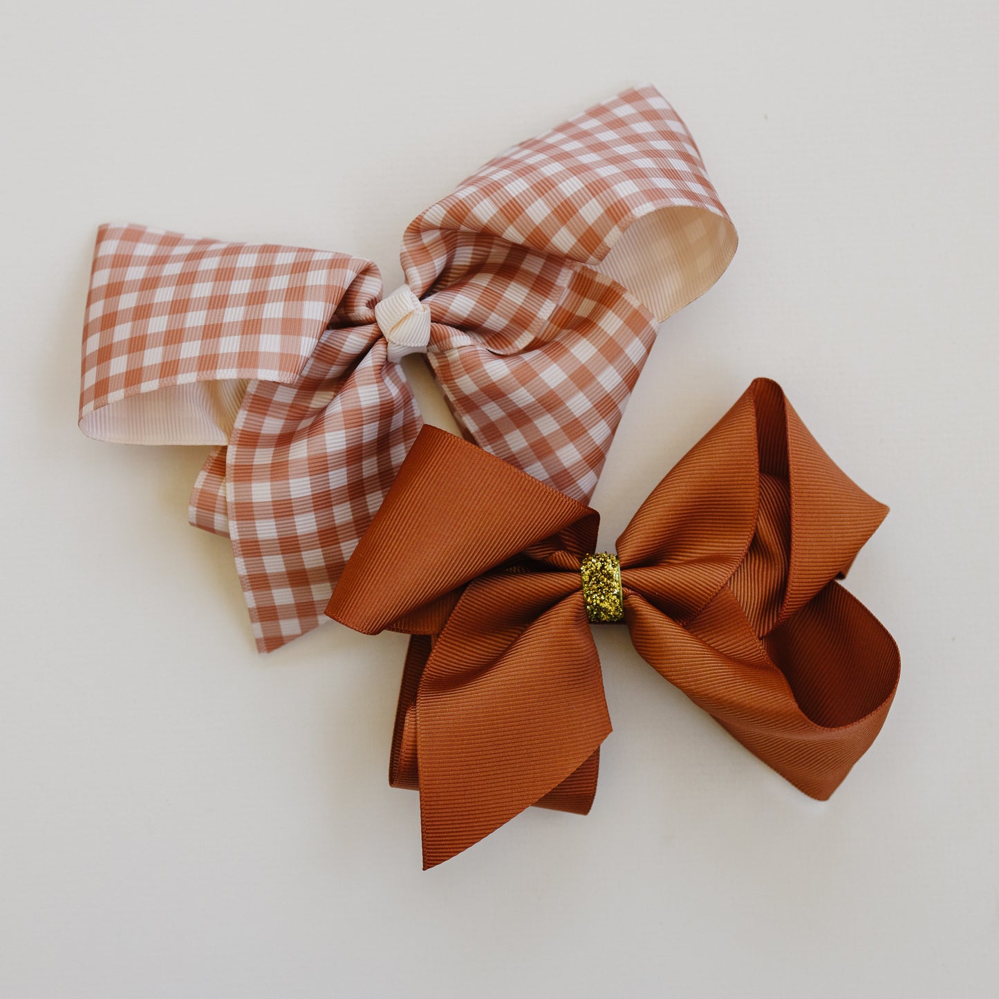 6" Grosgrain Hair Bows for Girls - No Slip - Pack of 2 - Brown Gingham & Sparkly Brown