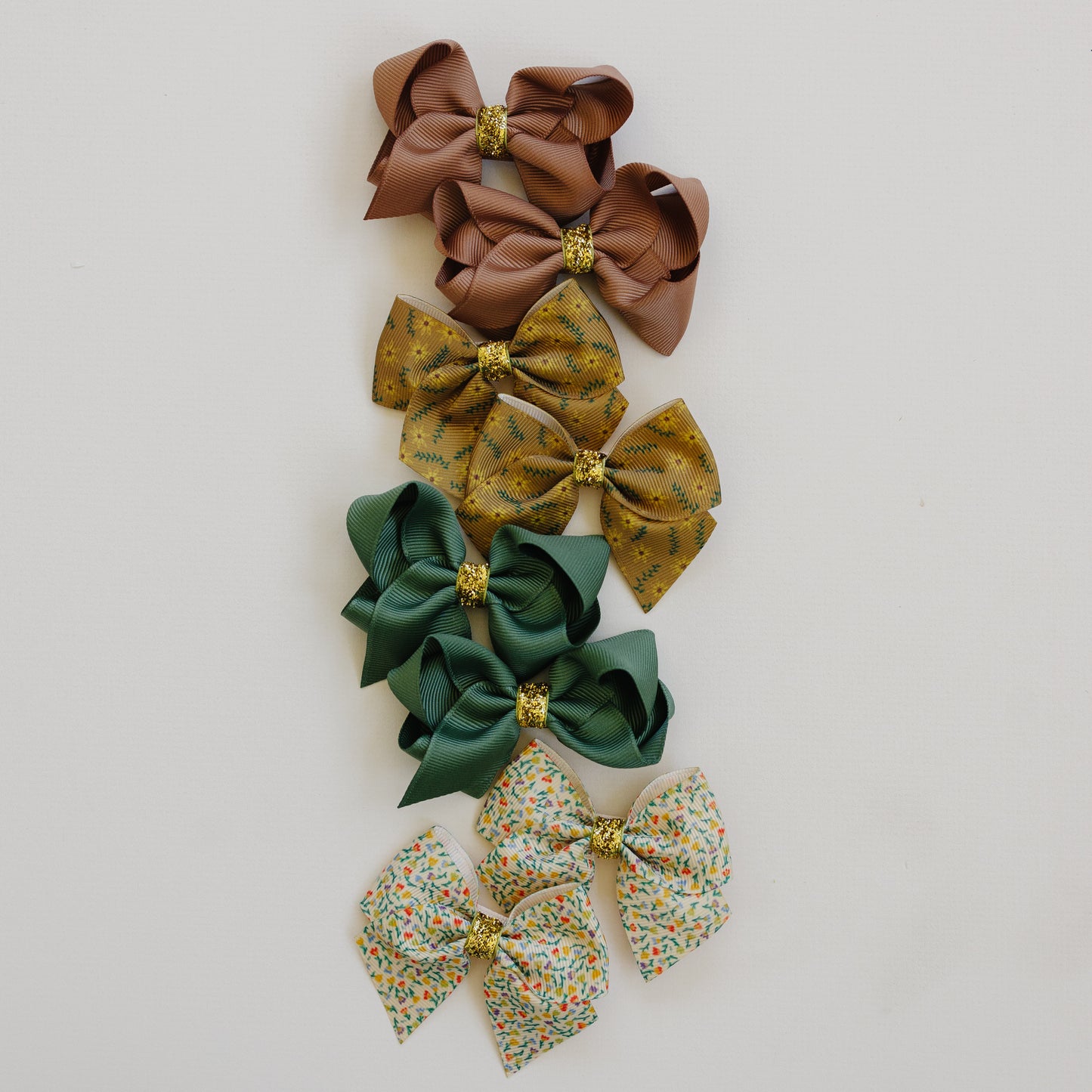 3" Hair Bows for Girls - No Slip Clip - 8 Pack Doubles in Cream & Mustard Florals