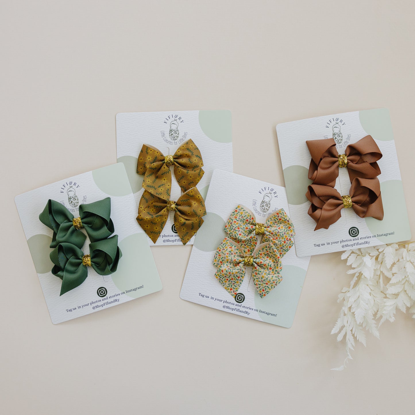 3" Hair Bows for Girls - No Slip Clip - 8 Pack Doubles in Cream & Mustard Florals