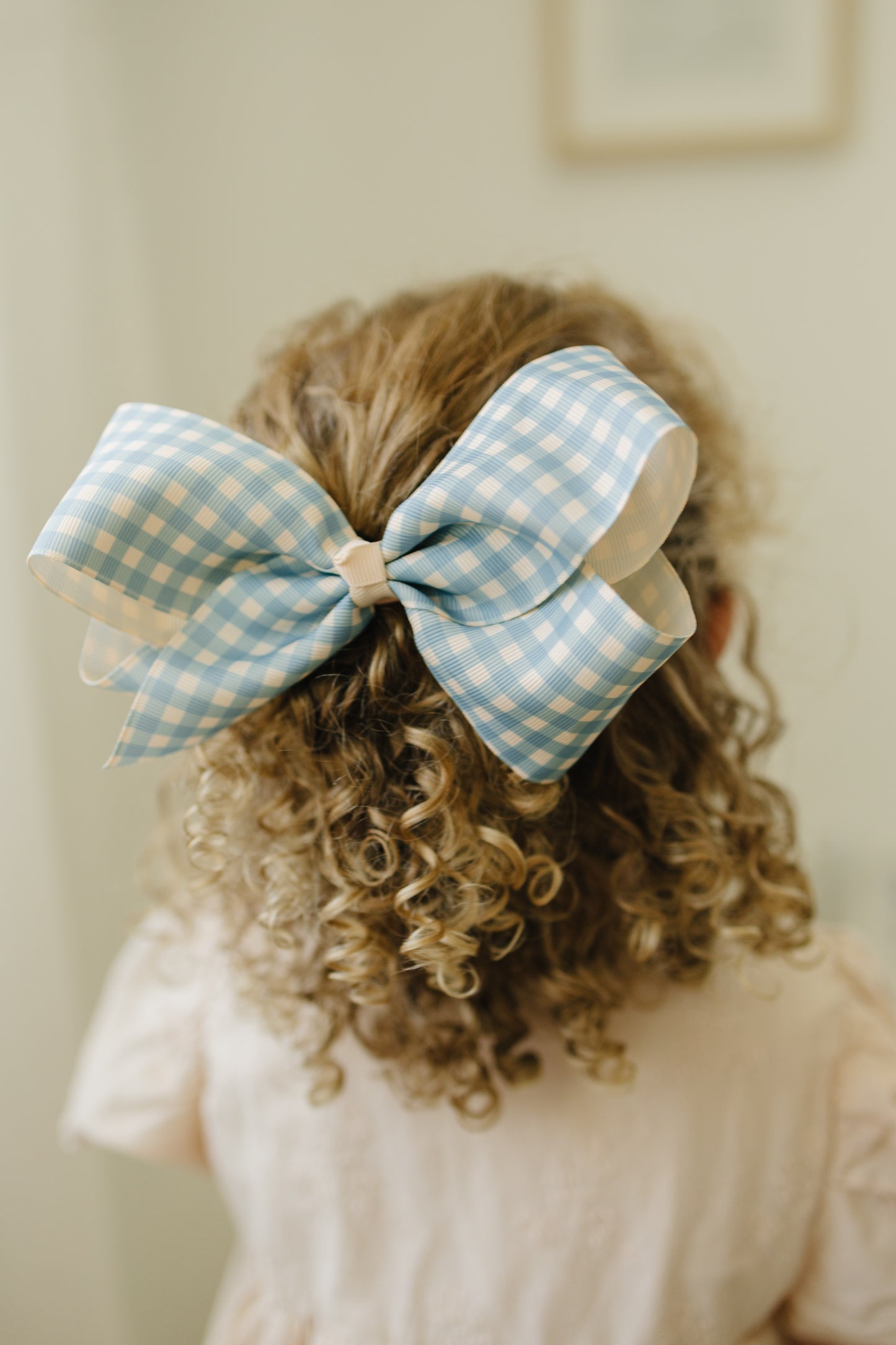 6" Grosgrain Hair Bows for Girls - No Slip - Pack of 2 - Blue Gingham & Sparkly Cream