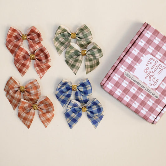 3" Hair Bows for Girls - No Slip Clip - 8 Pack Doubles in Plaid