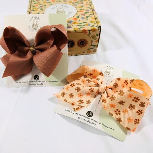 Set of 2 -  Floral Grosgrain Hair Bow in Cream Florals & Copper