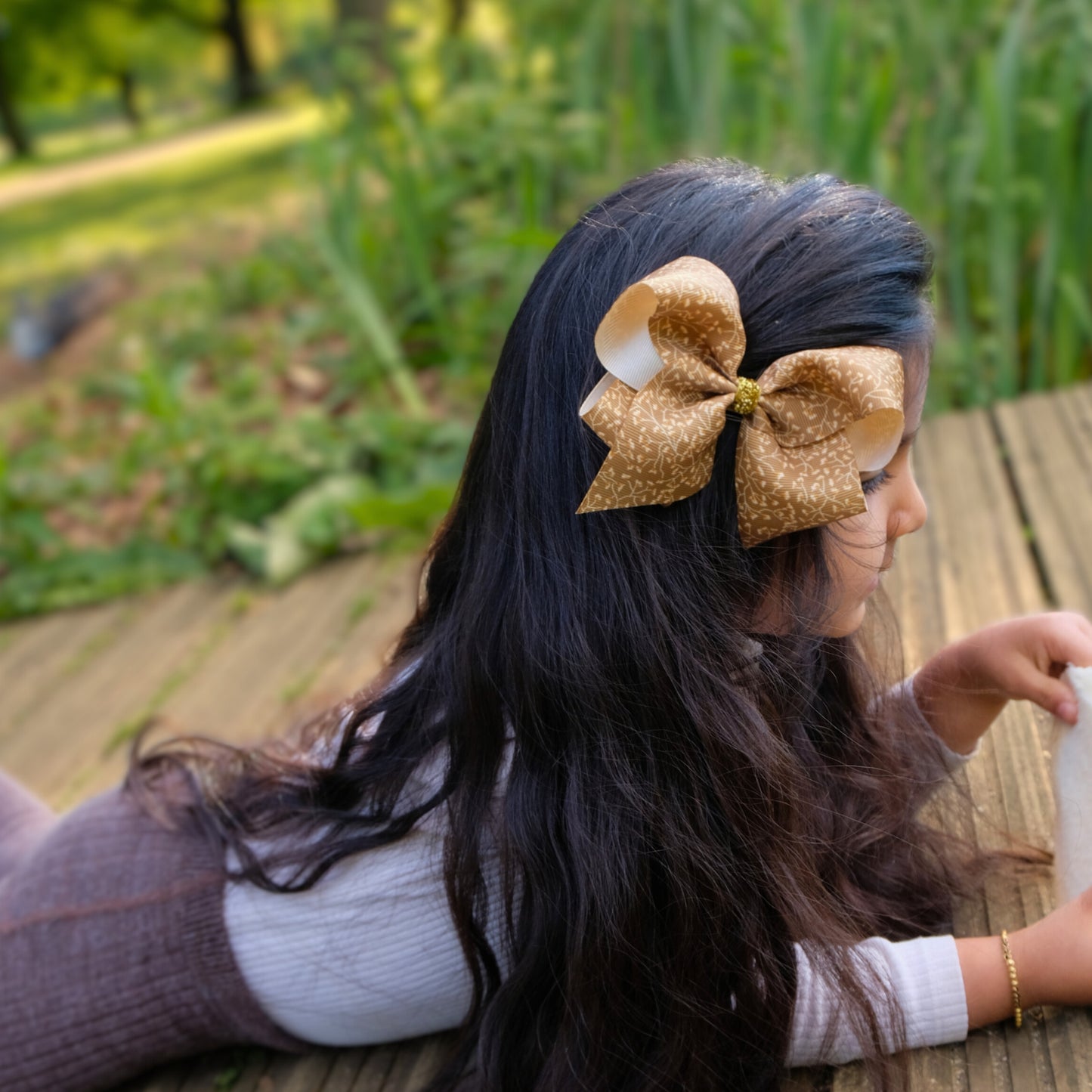 Set of 2 -  Grosgrain Hair Bows in Brown Florals & Ivory